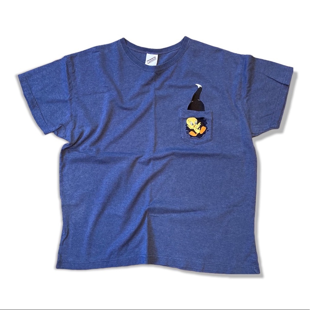 Vintage Tweety & Sylvester Pocket T-Shirt Size Large Blue/Gray